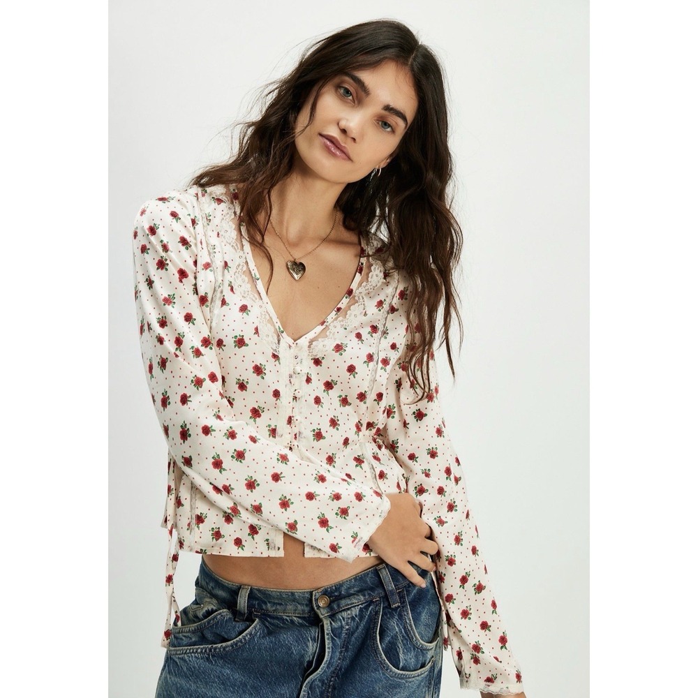 Free People Womens Field Of Roses Sz S Floral Satin Multi White Lace Side Ties